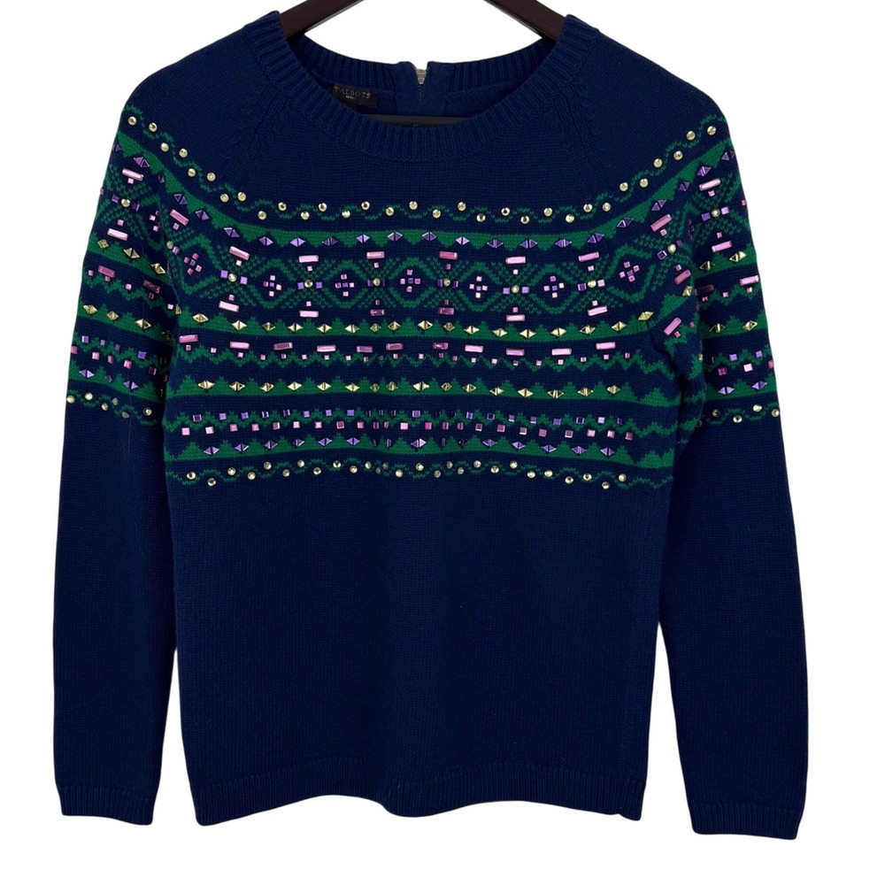 Talbots Petites Navy Blue Embellished Fair Isle‎ Lambswool Blend Sweater SP